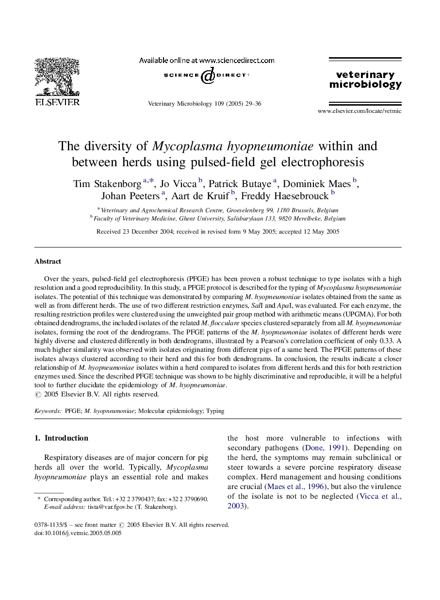 The diversity of Mycoplasma hyopneumoniae within and between herds using pulsed-field gel electrophoresis