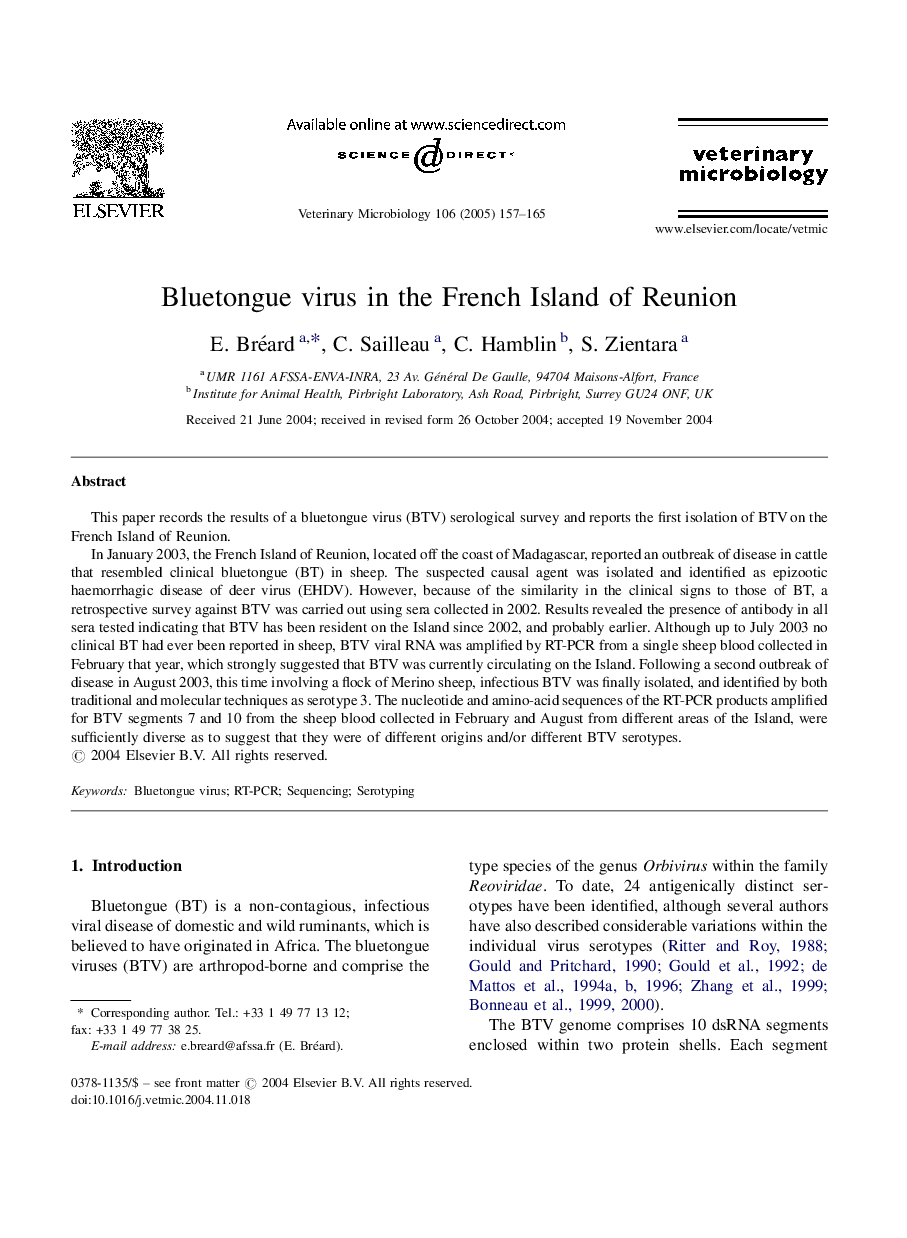 Bluetongue virus in the French Island of Reunion