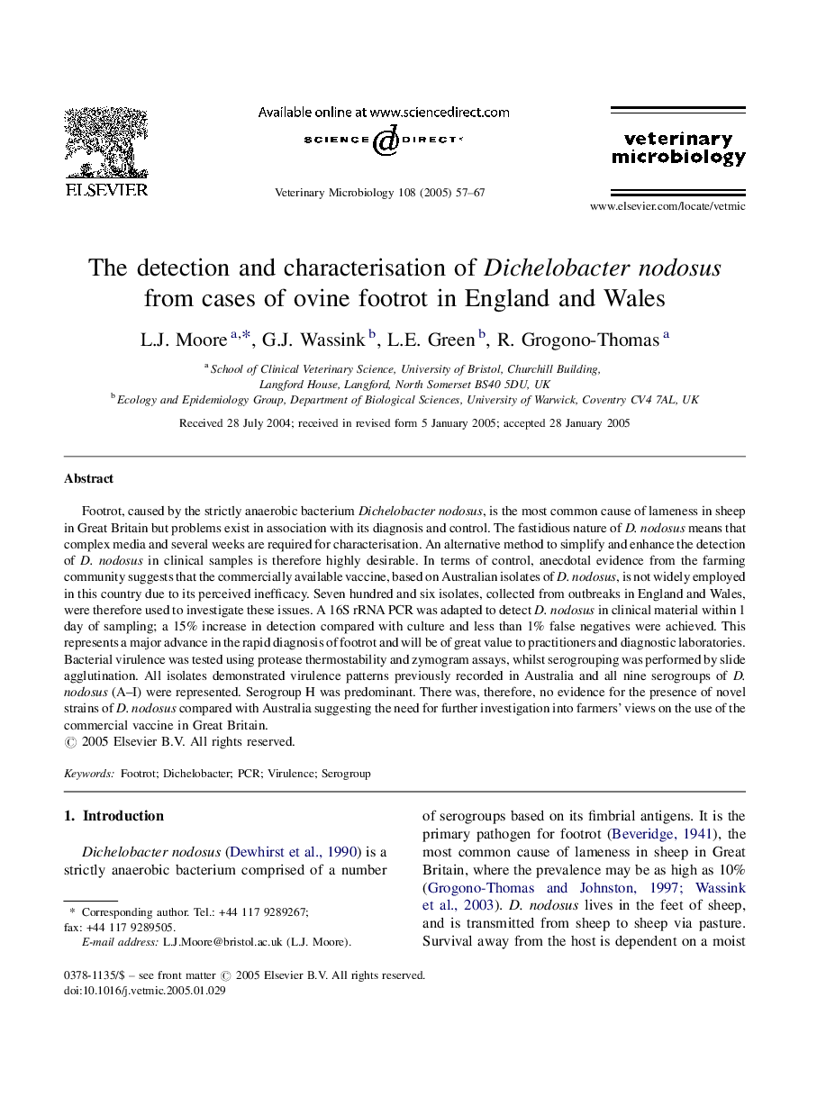 The detection and characterisation of Dichelobacter nodosus from cases of ovine footrot in England and Wales