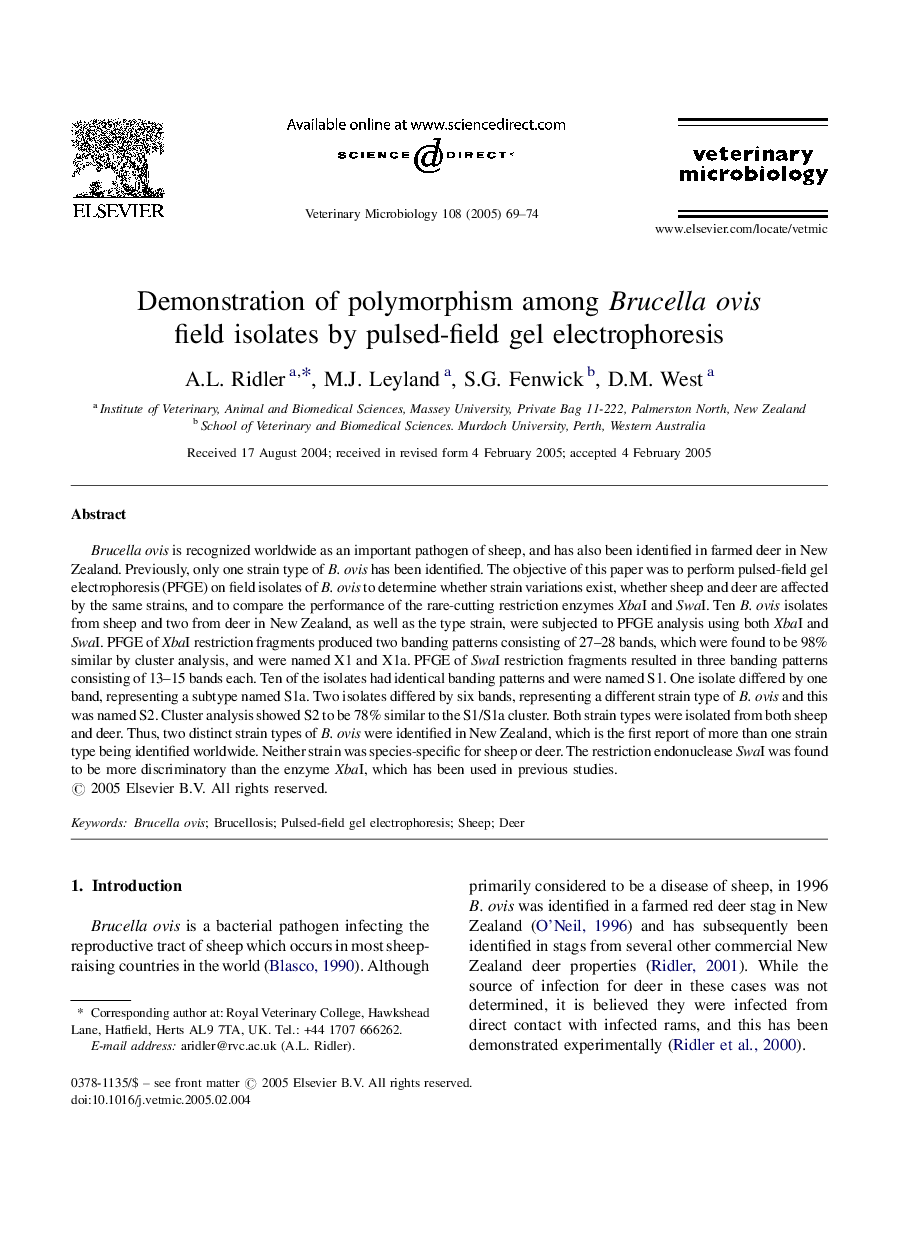 Demonstration of polymorphism among Brucella ovis field isolates by pulsed-field gel electrophoresis