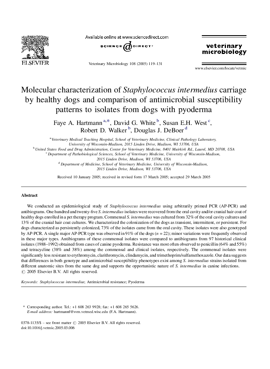 Molecular characterization of Staphylococcus intermedius carriage by healthy dogs and comparison of antimicrobial susceptibility patterns to isolates from dogs with pyoderma