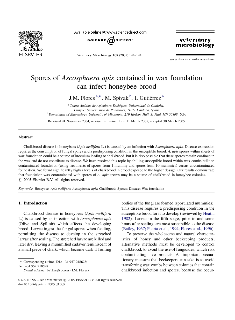 Spores of Ascosphaera apis contained in wax foundation can infect honeybee brood