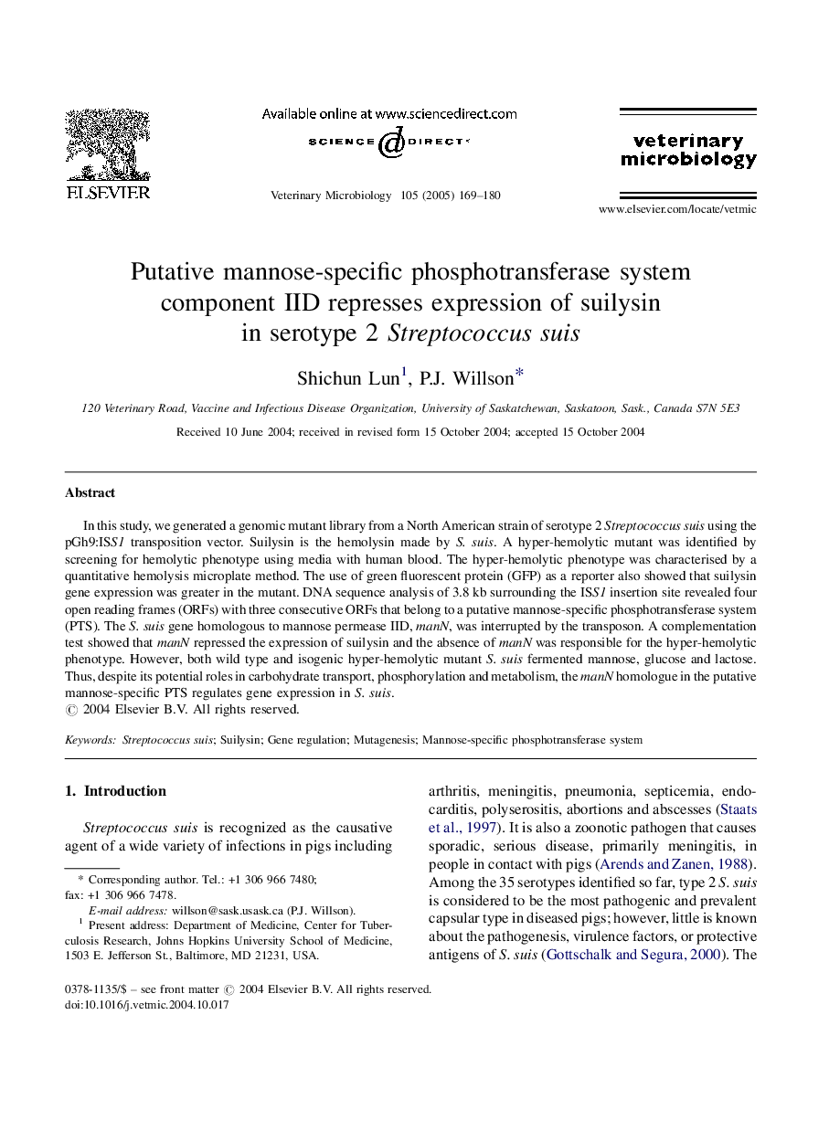 Putative mannose-specific phosphotransferase system component IID represses expression of suilysin in serotype 2 Streptococcus suis