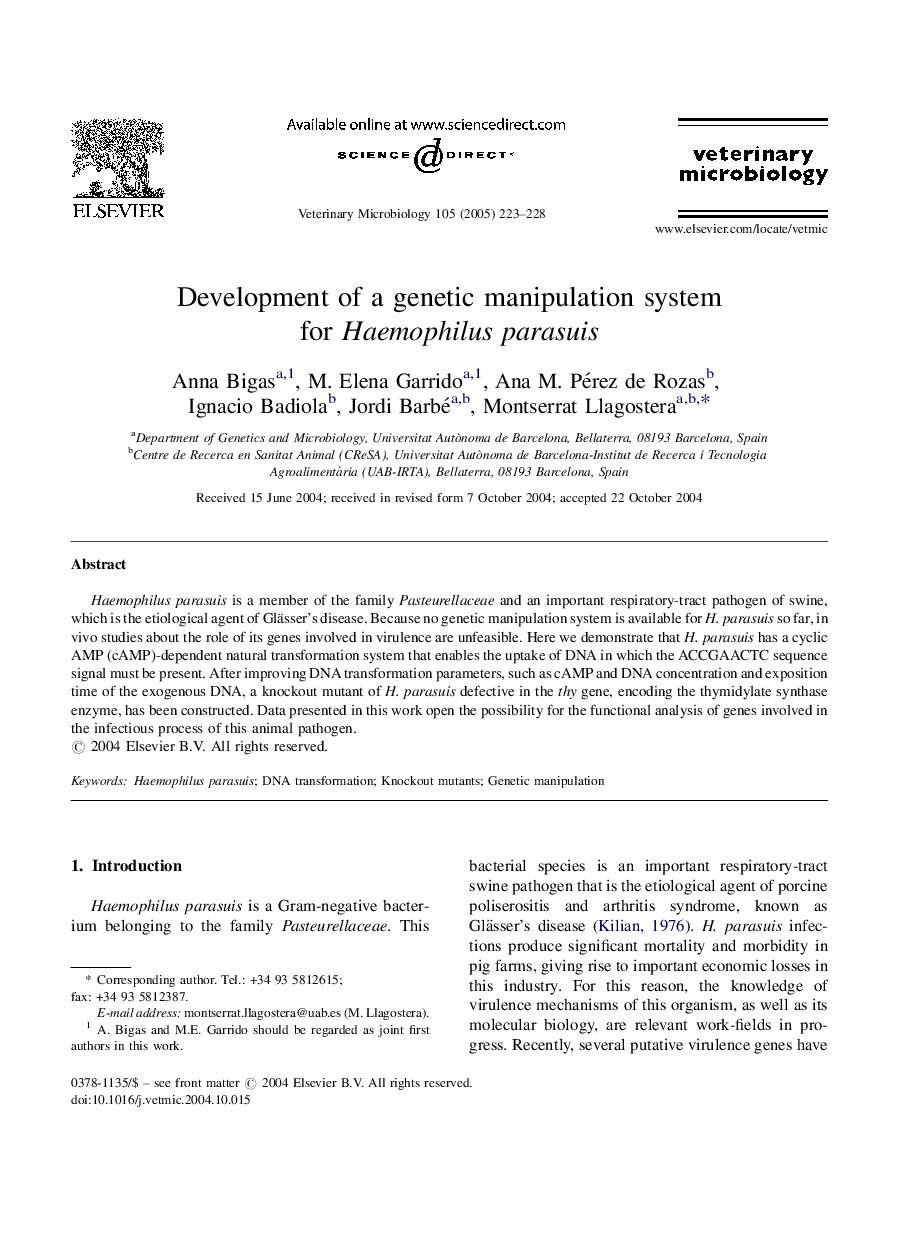 Development of a genetic manipulation system for Haemophilus parasuis