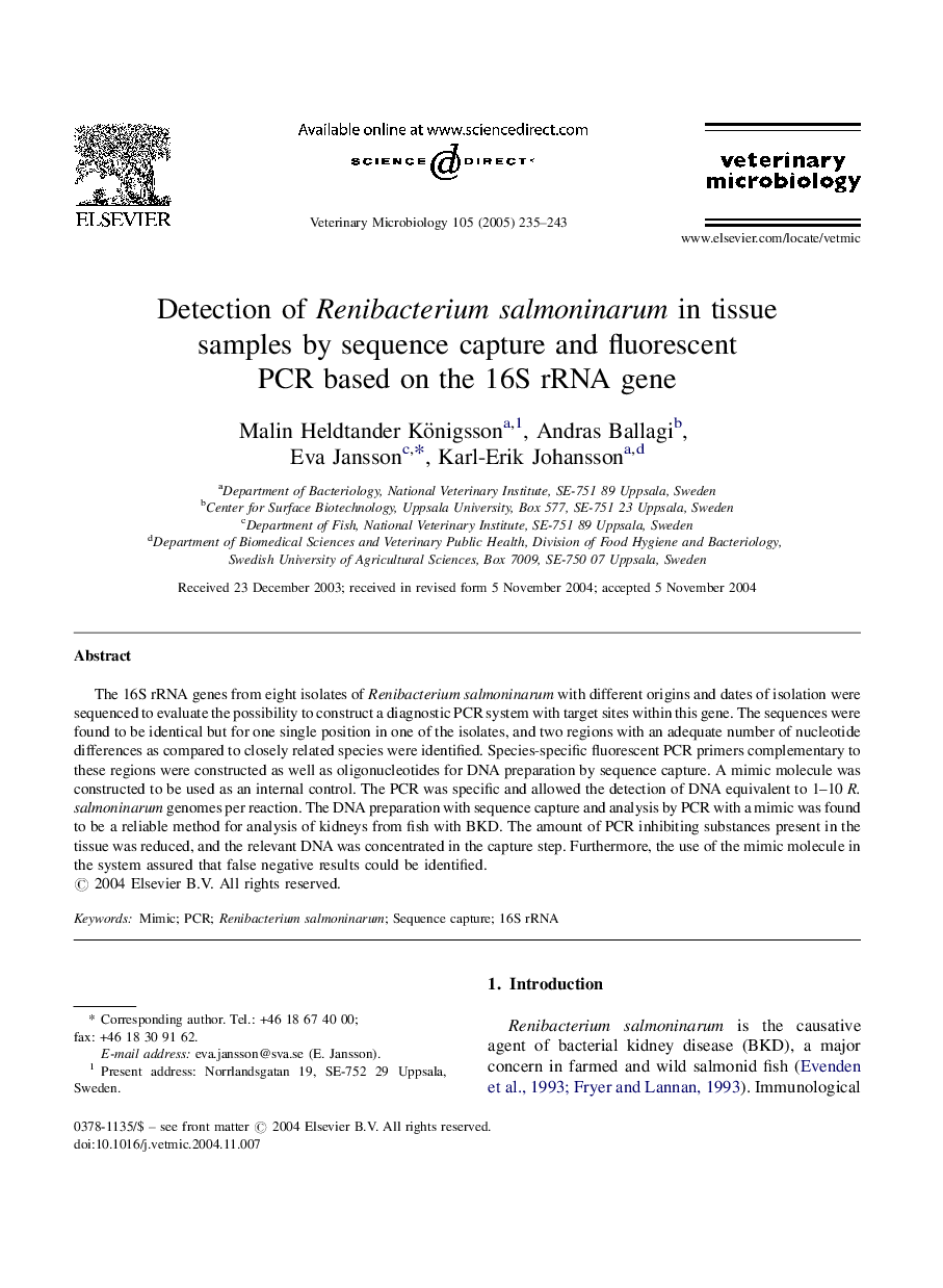 Detection of Renibacterium salmoninarum in tissue samples by sequence capture and fluorescent PCR based on the 16S rRNA gene