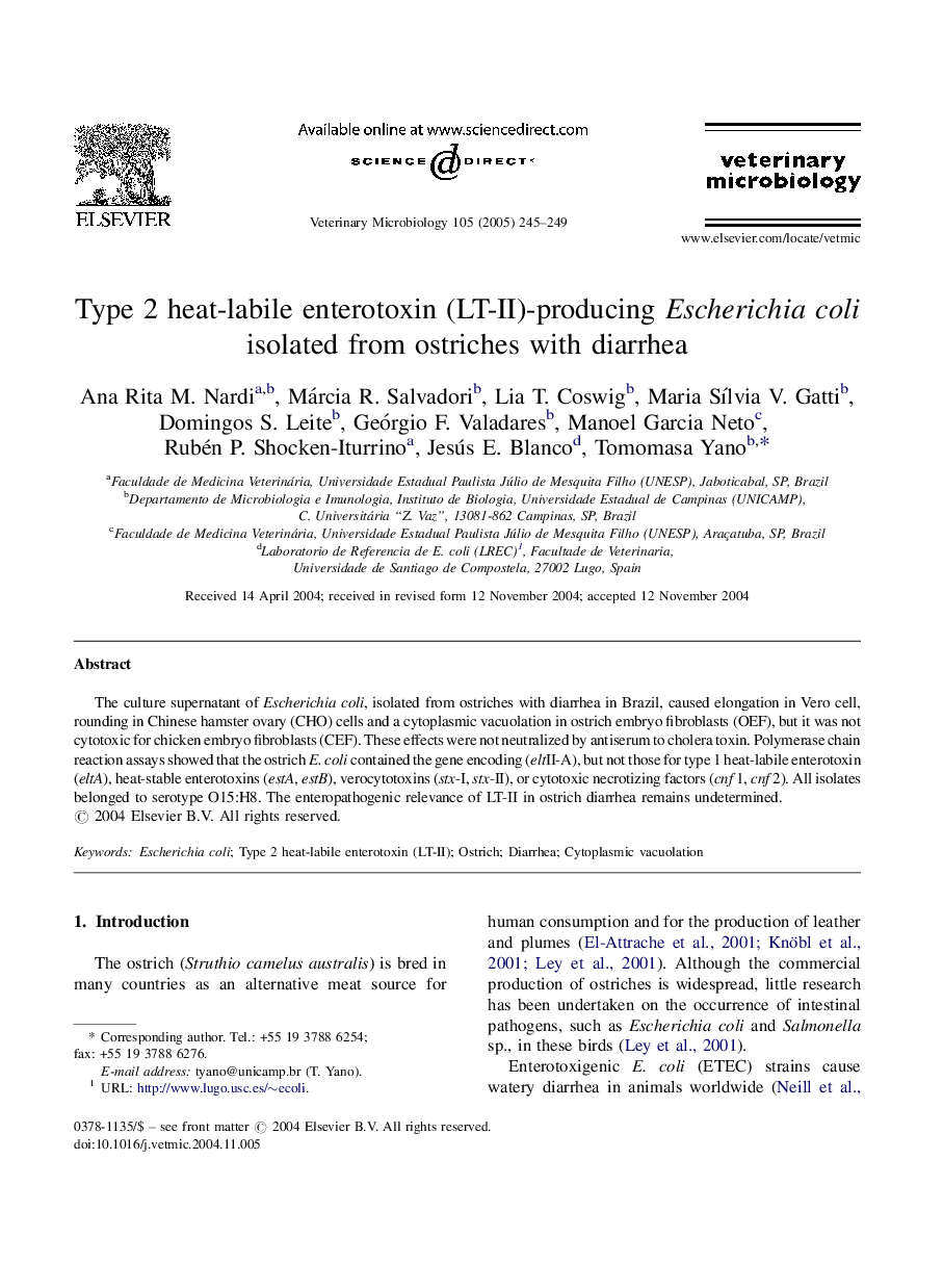 Type 2 heat-labile enterotoxin (LT-II)-producing Escherichia coli isolated from ostriches with diarrhea