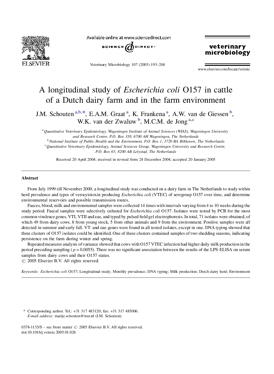 A longitudinal study of Escherichia coli O157 in cattle of a Dutch dairy farm and in the farm environment