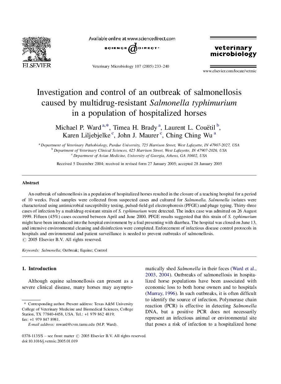 Investigation and control of an outbreak of salmonellosis caused by multidrug-resistant Salmonella typhimurium in a population of hospitalized horses