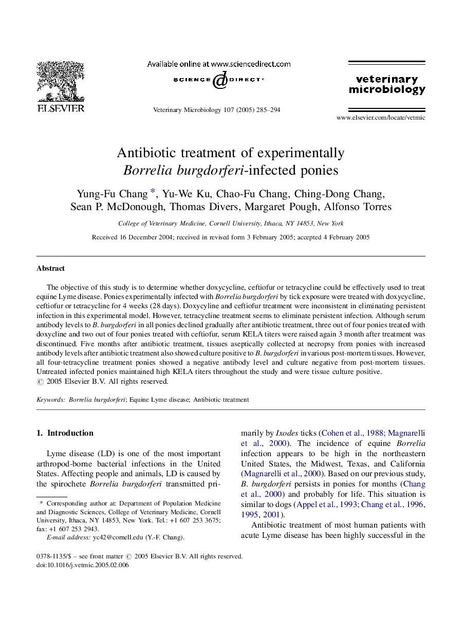 Antibiotic treatment of experimentally Borreliaburgdorferi-infected ponies