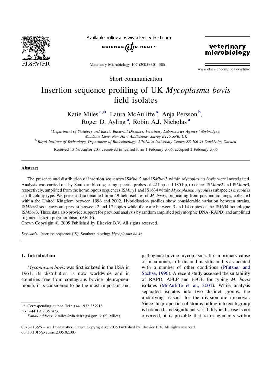 Insertion sequence profiling of UK Mycoplasmabovis field isolates