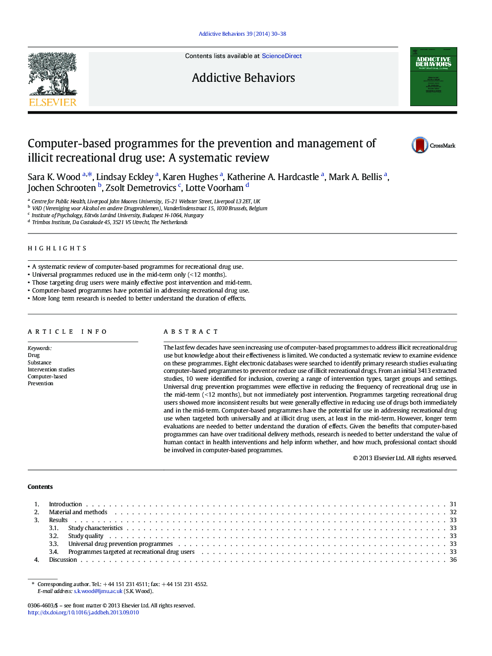 Computer-based programmes for the prevention and management of illicit recreational drug use: A systematic review