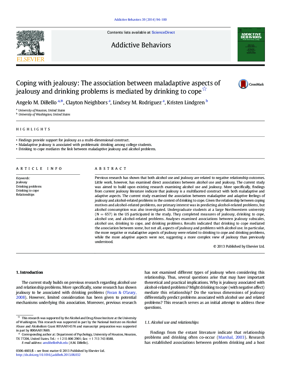 Coping with jealousy: The association between maladaptive aspects of jealousy and drinking problems is mediated by drinking to cope 