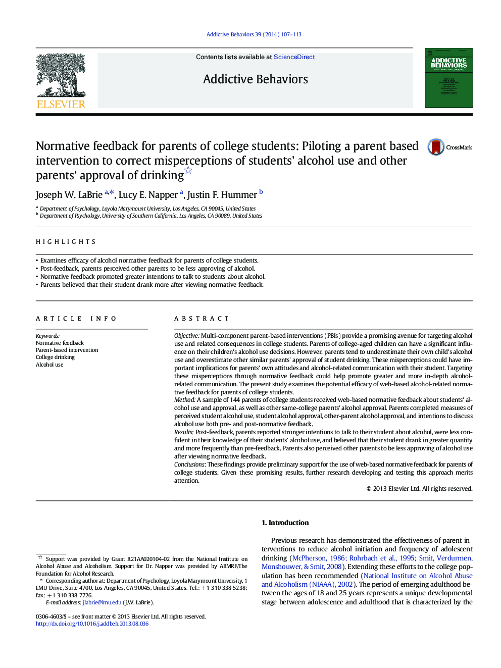 Normative feedback for parents of college students: Piloting a parent based intervention to correct misperceptions of students' alcohol use and other parents' approval of drinking 