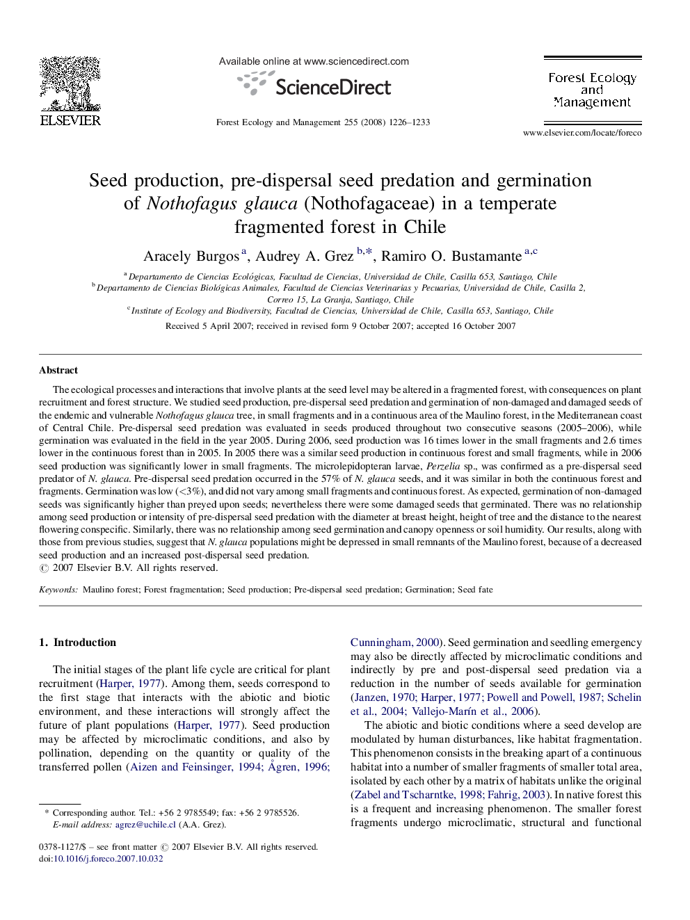 Seed production, pre-dispersal seed predation and germination of Nothofagus glauca (Nothofagaceae) in a temperate fragmented forest in Chile