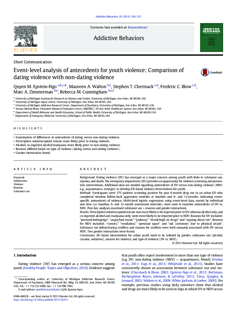 Event-level analysis of antecedents for youth violence: Comparison of dating violence with non-dating violence