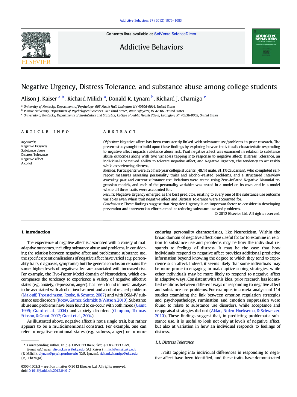 Negative Urgency, Distress Tolerance, and substance abuse among college students