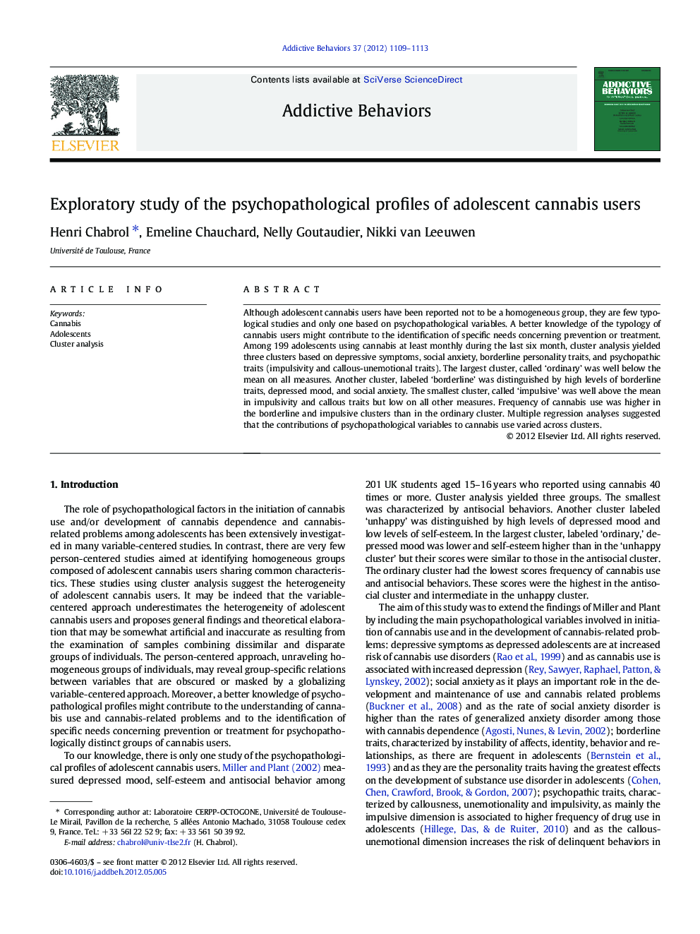 Exploratory study of the psychopathological profiles of adolescent cannabis users