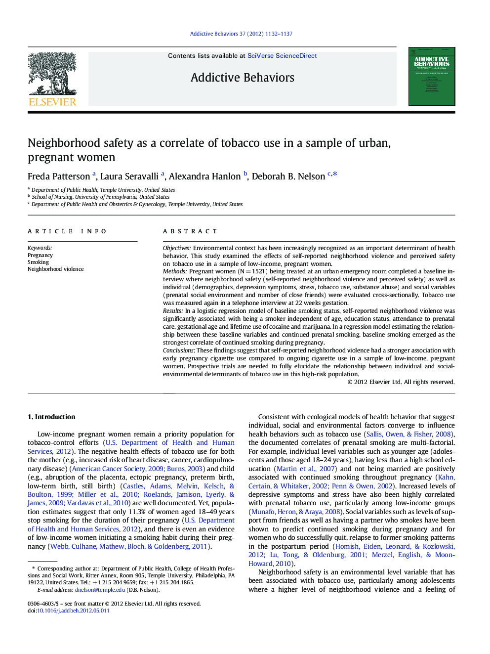 Neighborhood safety as a correlate of tobacco use in a sample of urban, pregnant women