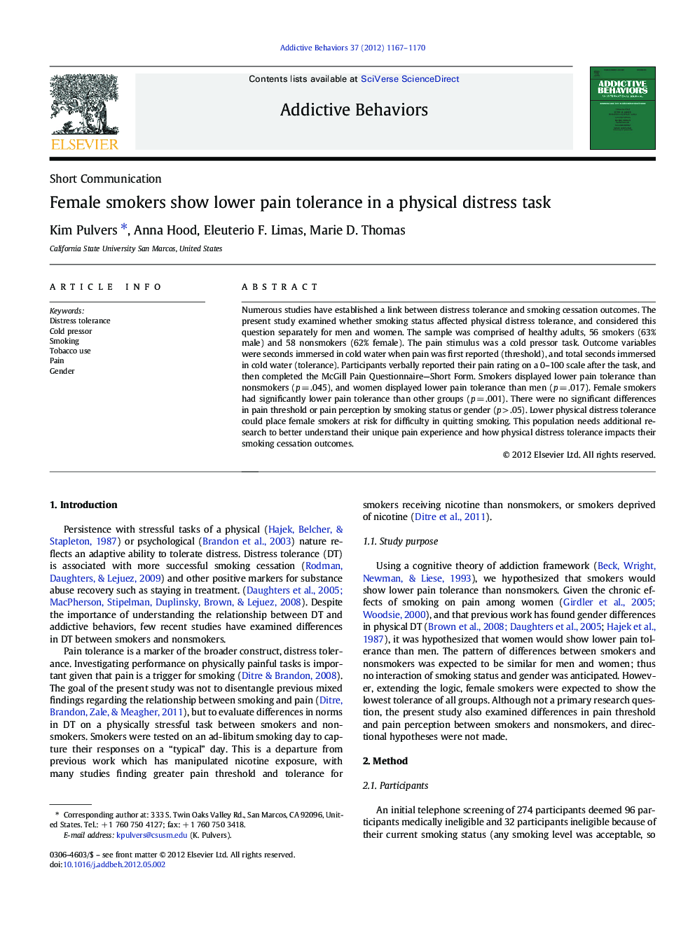 Female smokers show lower pain tolerance in a physical distress task