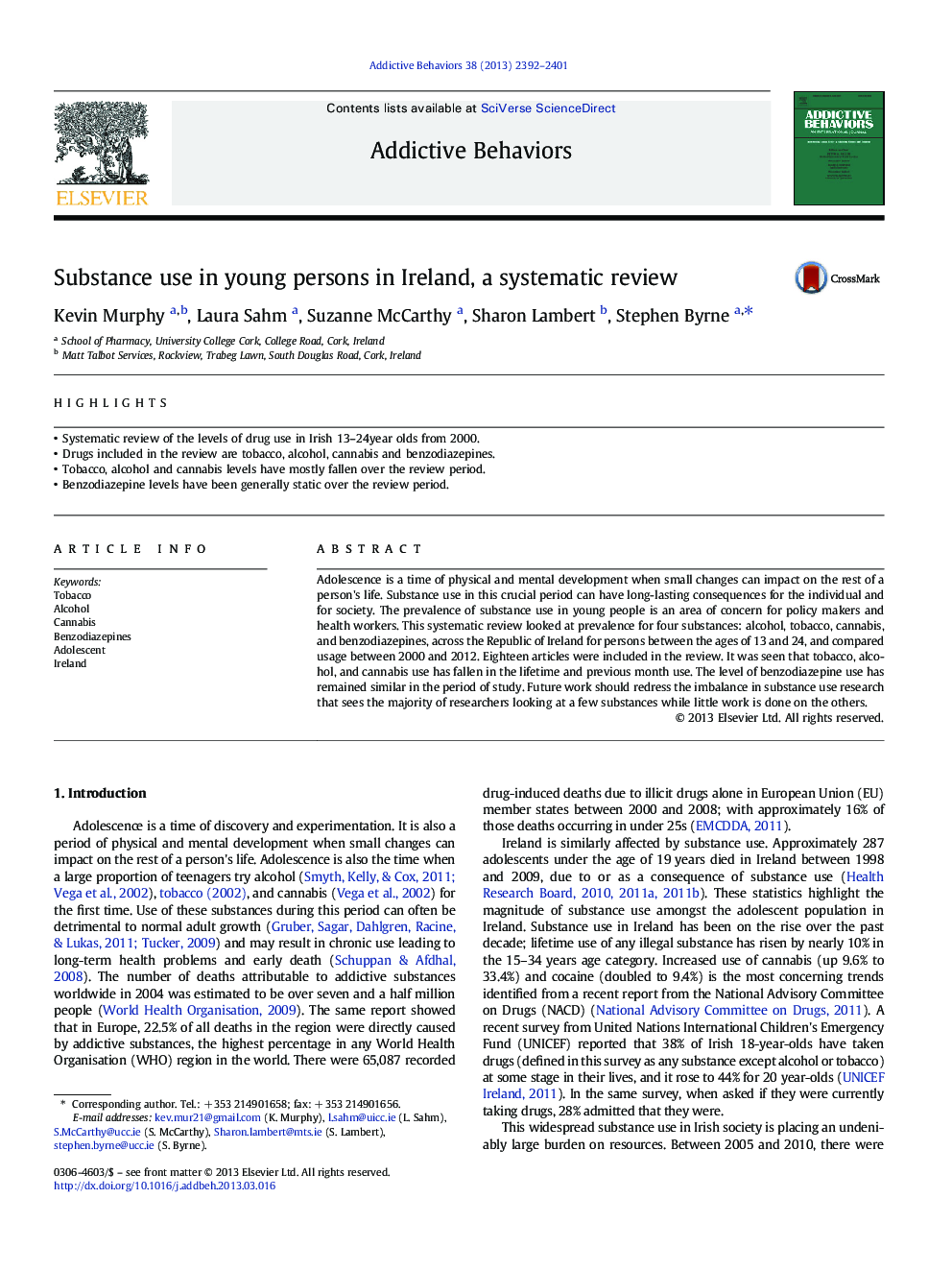 Substance use in young persons in Ireland, a systematic review