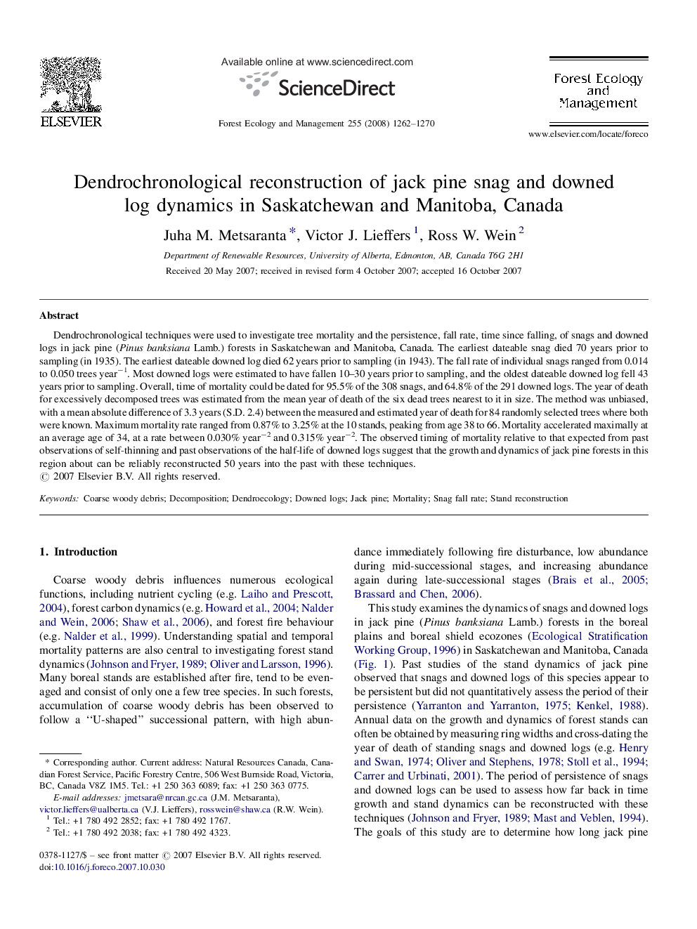 Dendrochronological reconstruction of jack pine snag and downed log dynamics in Saskatchewan and Manitoba, Canada