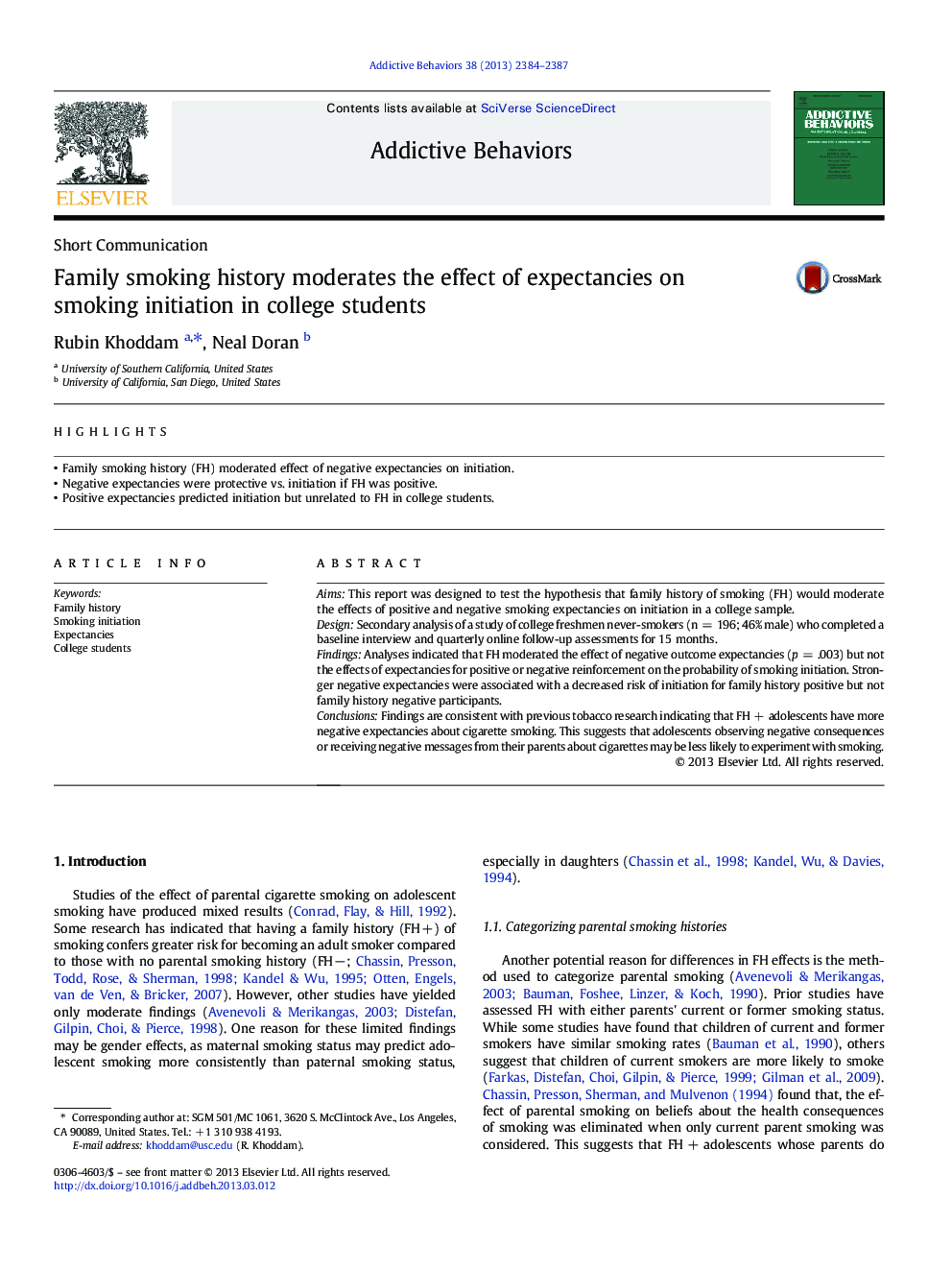 Family smoking history moderates the effect of expectancies on smoking initiation in college students