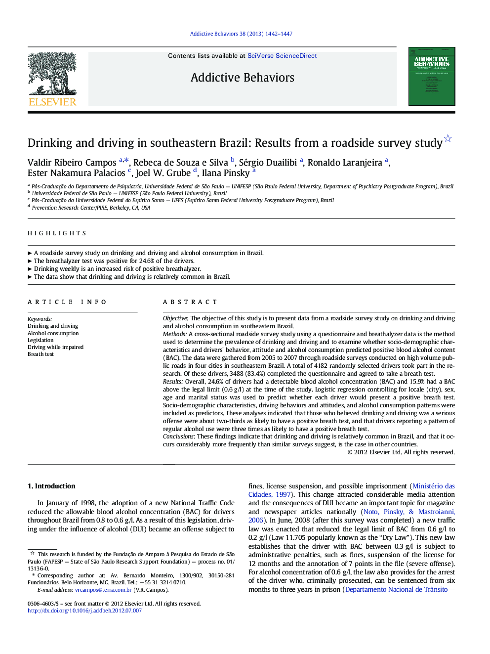 Drinking and driving in southeastern Brazil: Results from a roadside survey study 