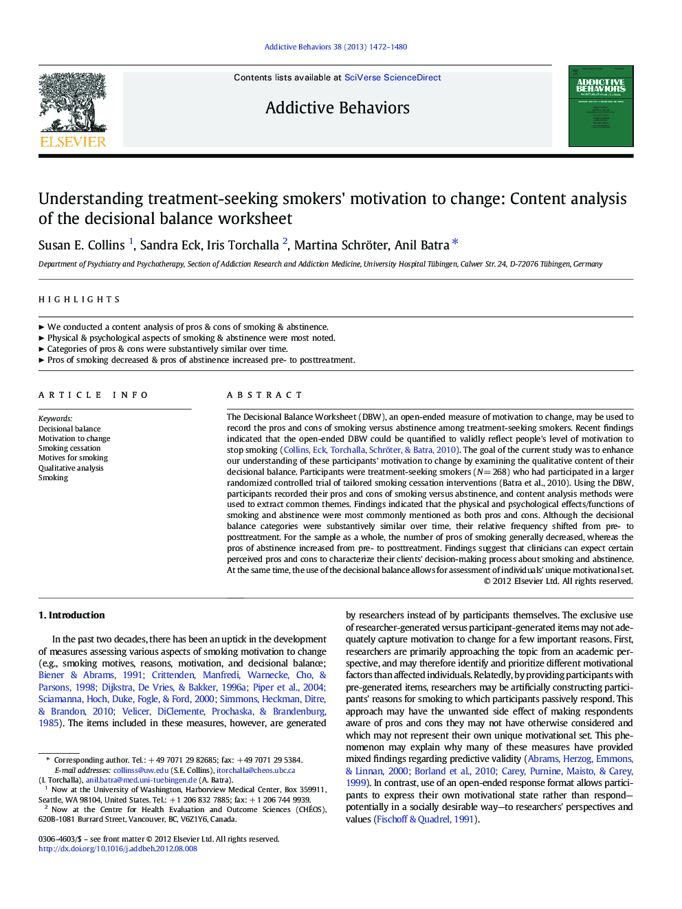 Understanding treatment-seeking smokers' motivation to change: Content analysis of the decisional balance worksheet