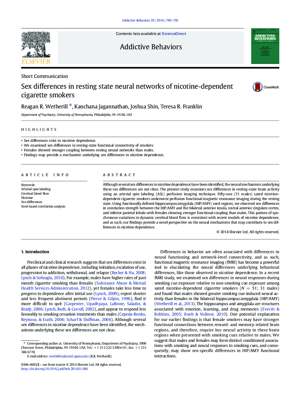 Sex differences in resting state neural networks of nicotine-dependent cigarette smokers