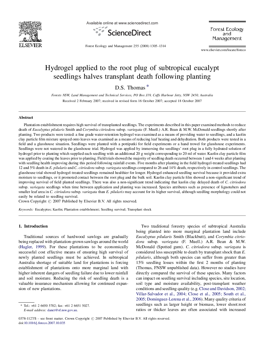 Hydrogel applied to the root plug of subtropical eucalypt seedlings halves transplant death following planting