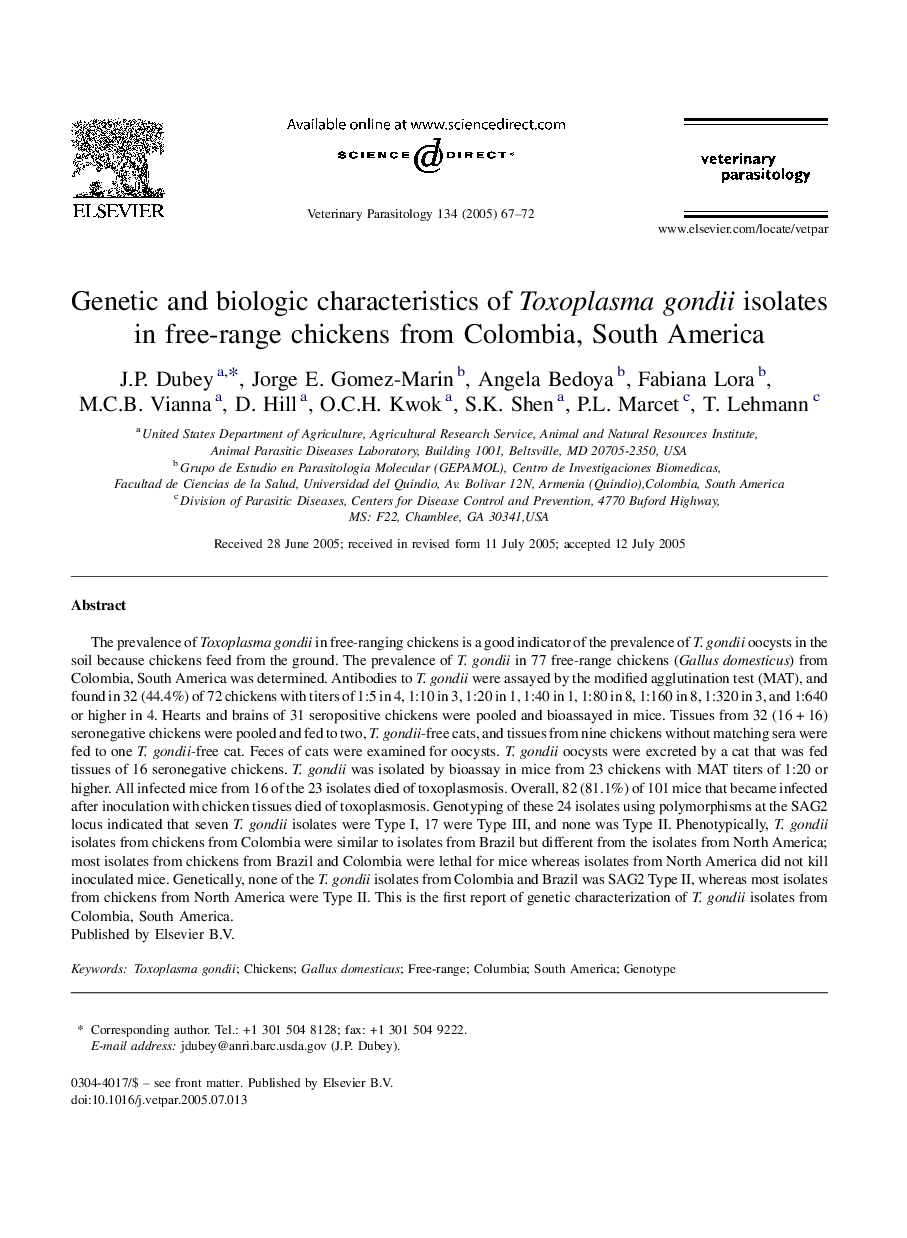 Genetic and biologic characteristics of Toxoplasma gondii isolates in free-range chickens from Colombia, South America