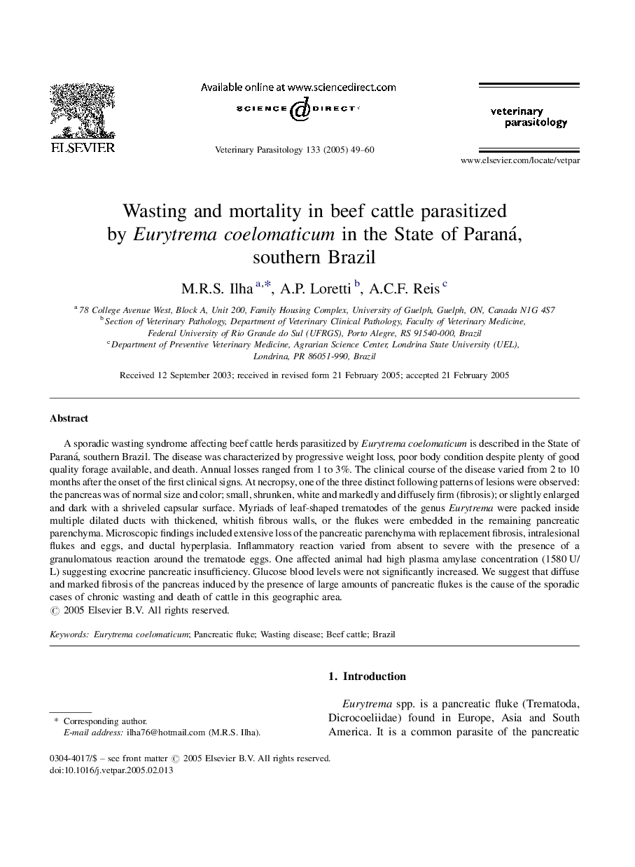 Wasting and mortality in beef cattle parasitized by Eurytrema coelomaticum in the State of Paraná, southern Brazil