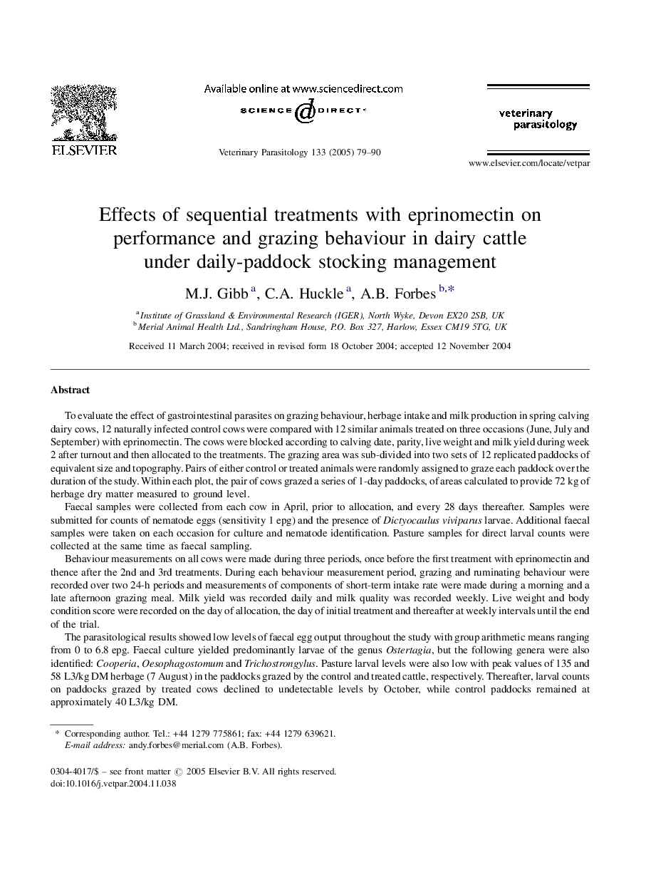 Effects of sequential treatments with eprinomectin on performance and grazing behaviour in dairy cattle under daily-paddock stocking management