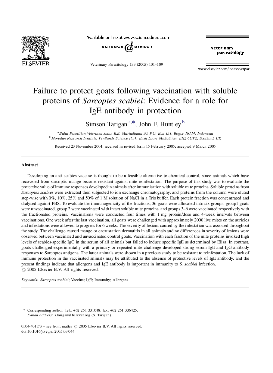 Failure to protect goats following vaccination with soluble proteins of Sarcoptes scabiei: Evidence for a role for IgE antibody in protection