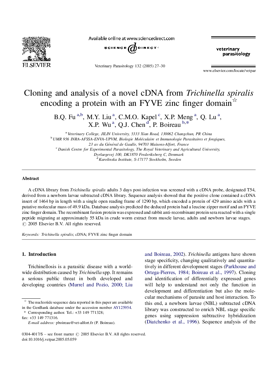 Cloning and analysis of a novel cDNA from Trichinella spiralis encoding a protein with an FYVE zinc finger domain