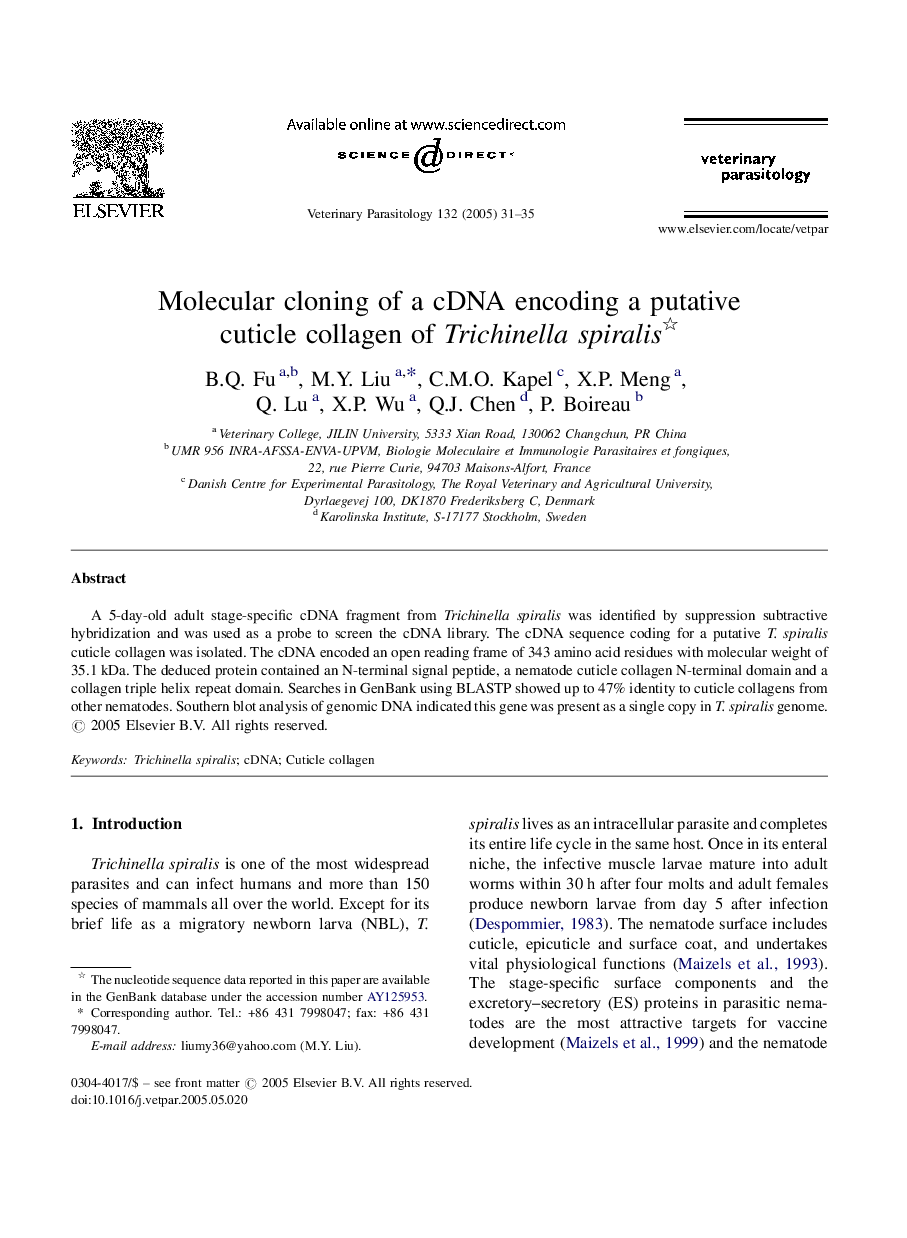 Molecular cloning of a cDNA encoding a putative cuticle collagen of Trichinella spiralis