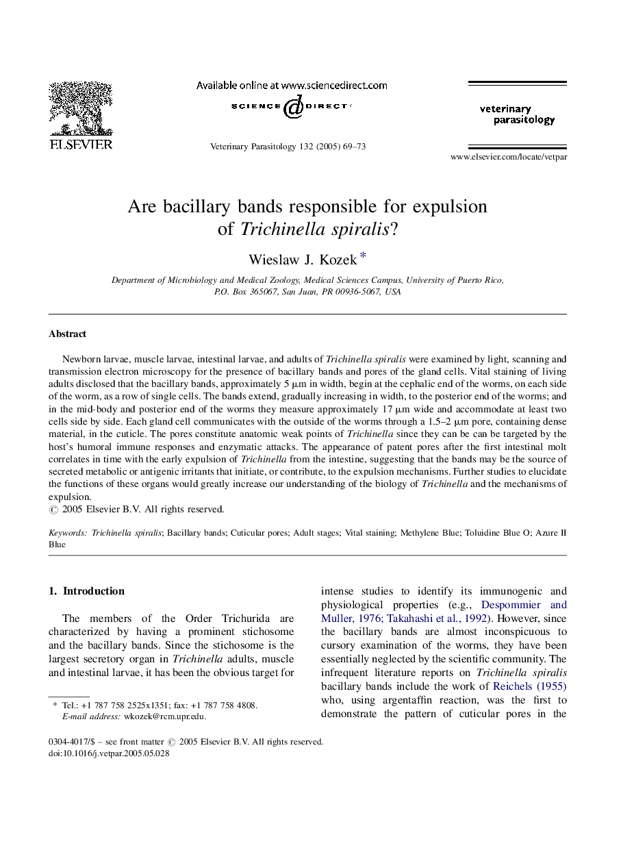 Are bacillary bands responsible for expulsion of Trichinella spiralis?