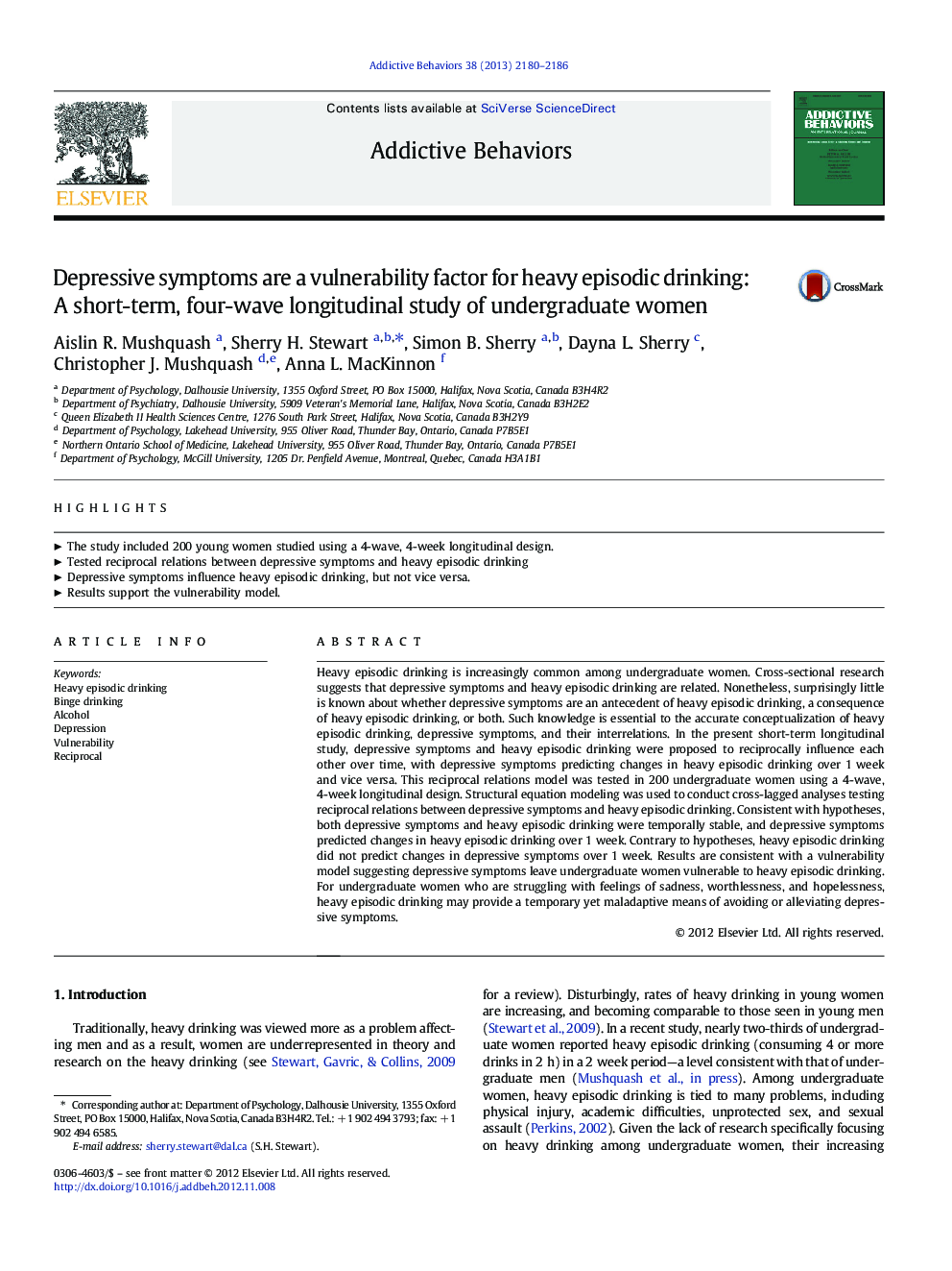 Depressive symptoms are a vulnerability factor for heavy episodic drinking: A short-term, four-wave longitudinal study of undergraduate women