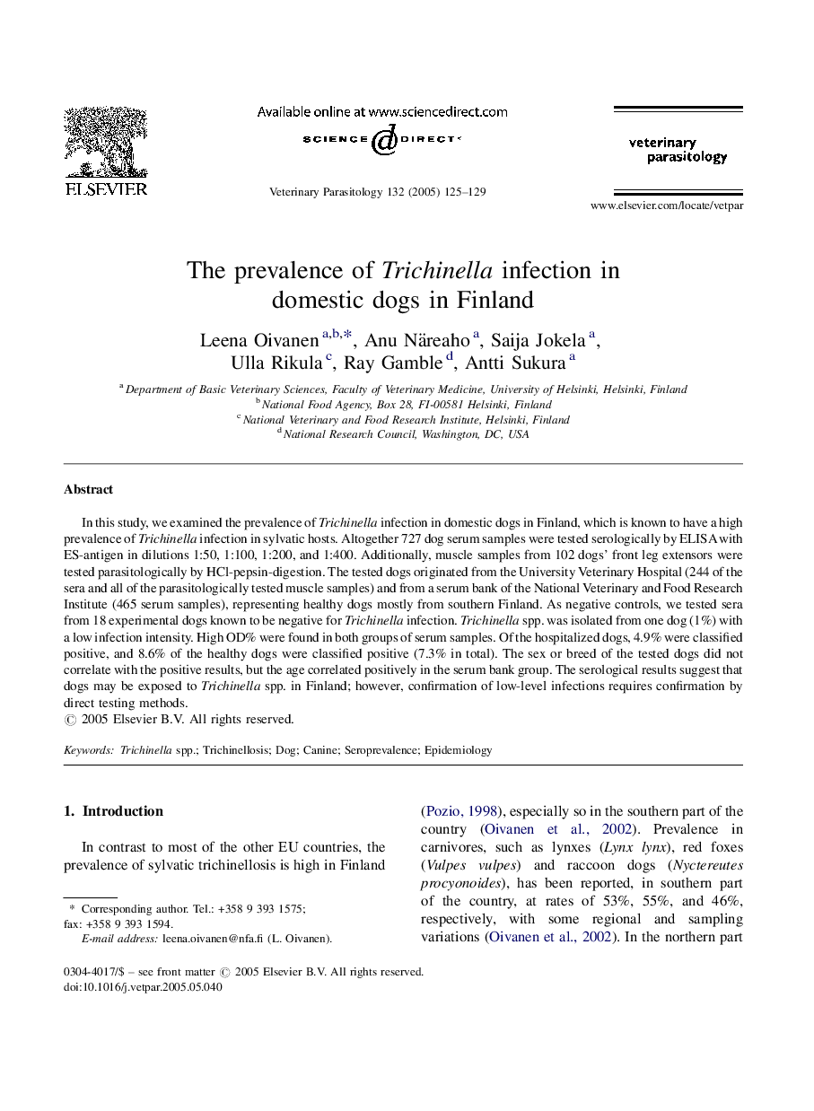 The prevalence of Trichinella infection in domestic dogs in Finland