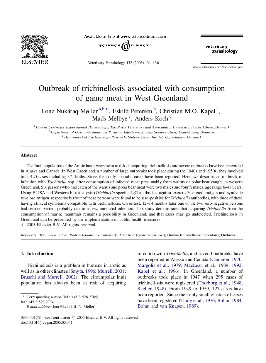 Outbreak of trichinellosis associated with consumption of game meat in West Greenland