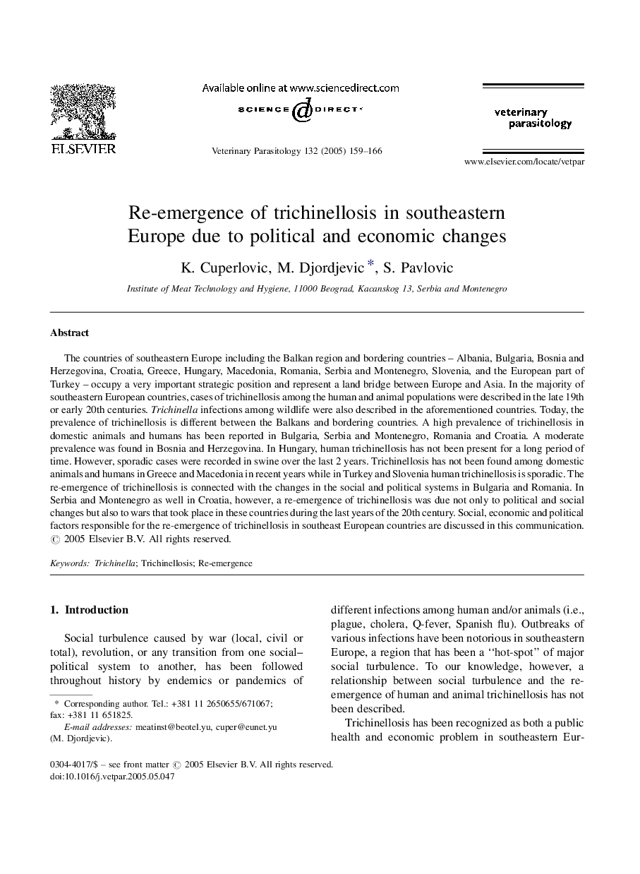 Re-emergence of trichinellosis in southeastern Europe due to political and economic changes