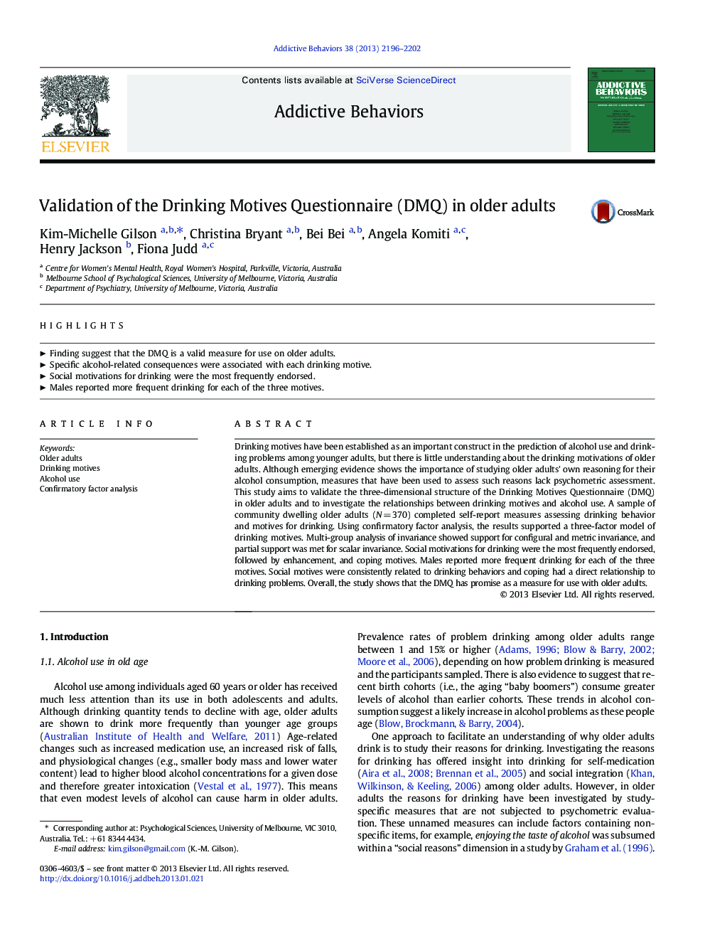 Validation of the Drinking Motives Questionnaire (DMQ) in older adults