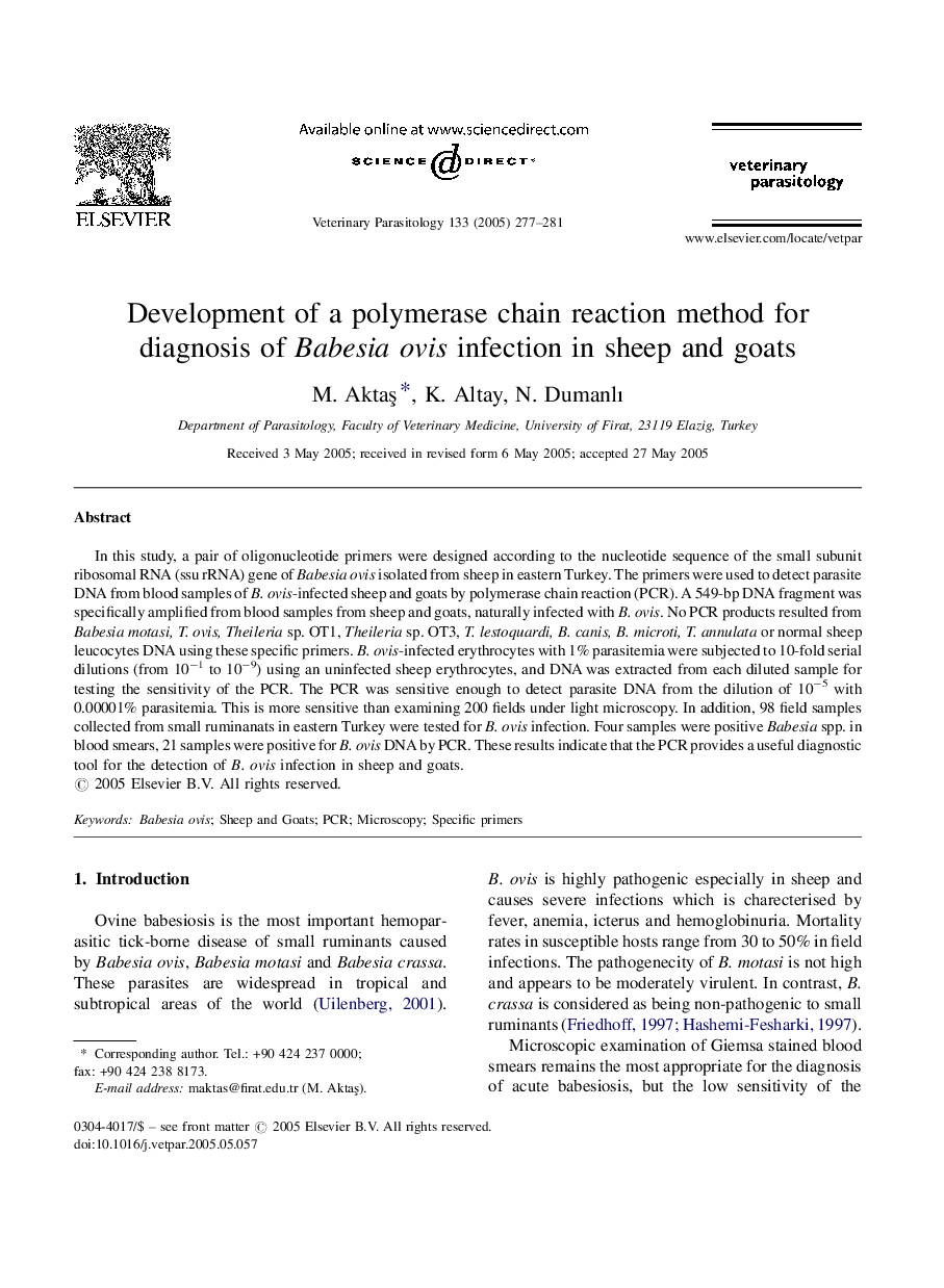 Development of a polymerase chain reaction method for diagnosis of Babesia ovis infection in sheep and goats