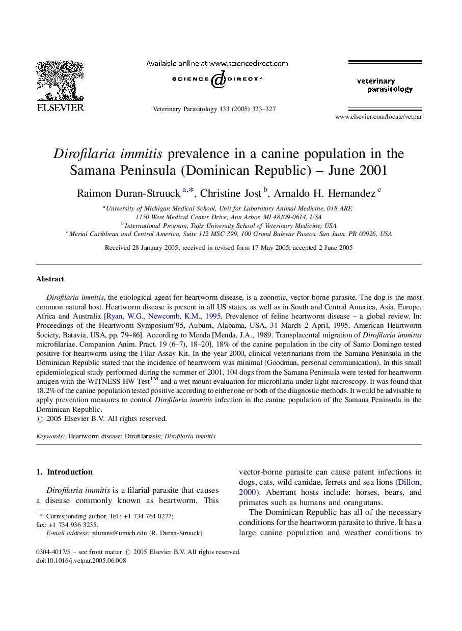 Dirofilaria immitis prevalence in a canine population in the Samana Peninsula (Dominican Republic) - June 2001