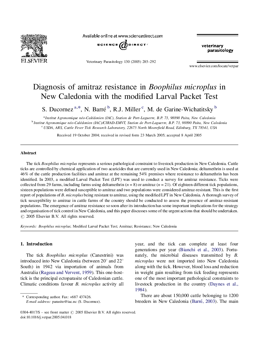 Diagnosis of amitraz resistance in Boophilusmicroplus in New Caledonia with the modified Larval Packet Test