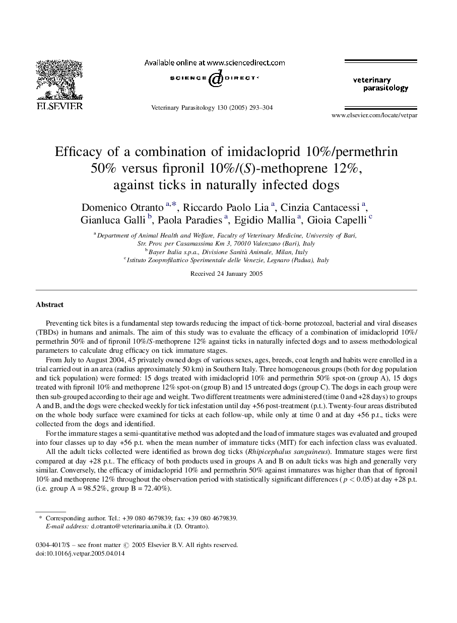 Efficacy of a combination of imidacloprid 10%/permethrin 50% versus fipronil 10%/(S)-methoprene 12%, against ticks in naturally infected dogs