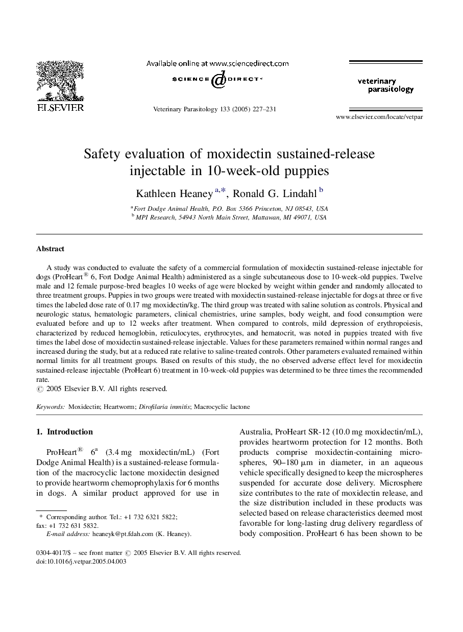 Safety evaluation of moxidectin sustained-release injectable in 10-week-old puppies