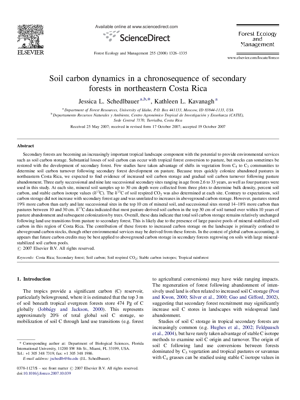 Soil carbon dynamics in a chronosequence of secondary forests in northeastern Costa Rica