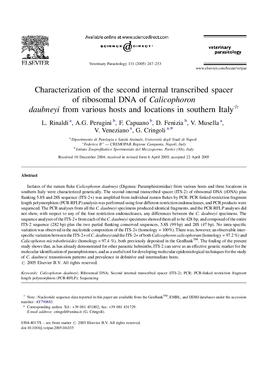 Characterization of the second internal transcribed spacer of ribosomal DNA of Calicophoron daubneyi from various hosts and locations in southern Italy