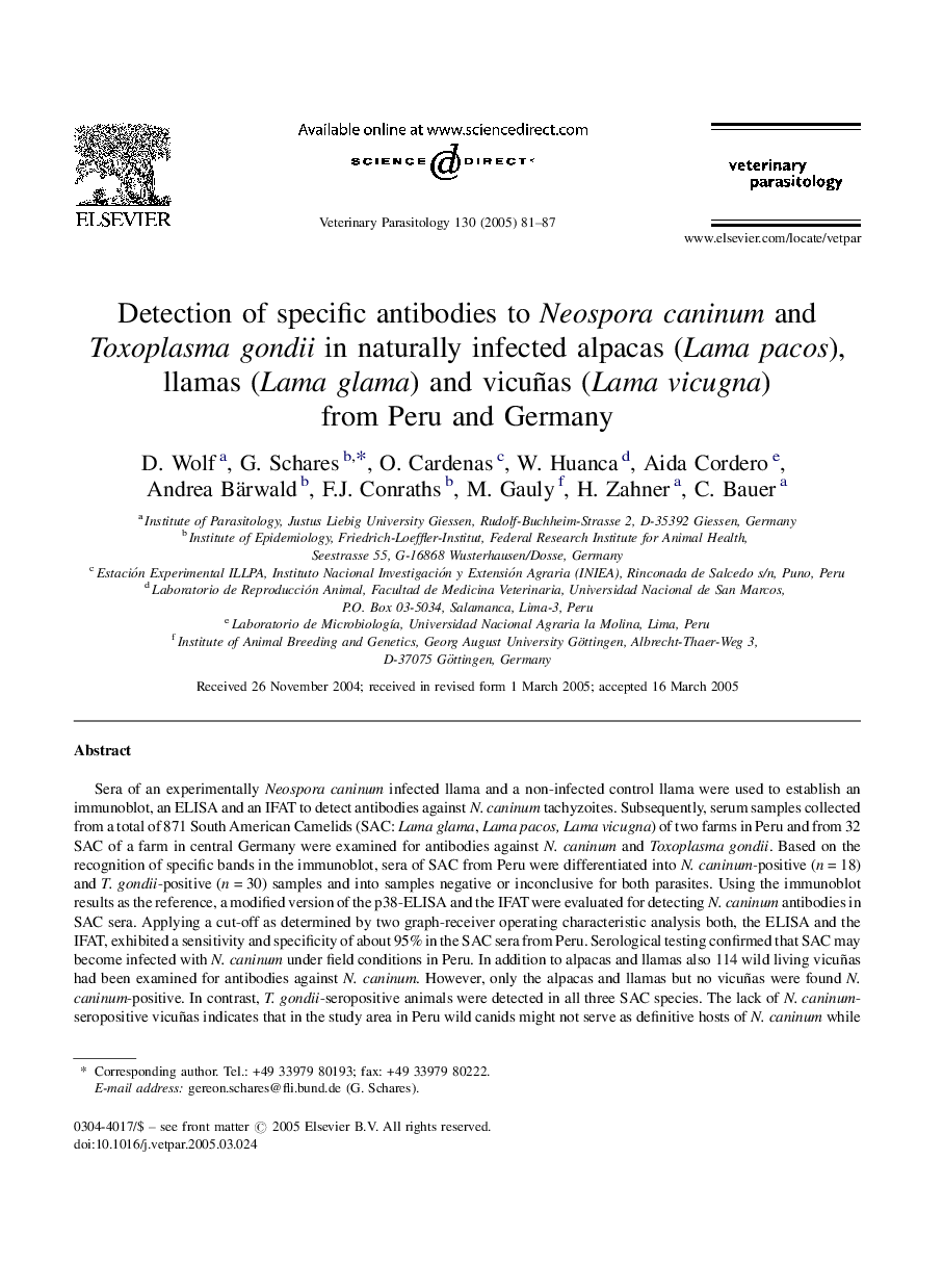 Detection of specific antibodies to Neospora caninum and Toxoplasma gondii in naturally infected alpacas (Lama pacos), llamas (Lama glama) and vicuñas (Lama vicugna) from Peru and Germany